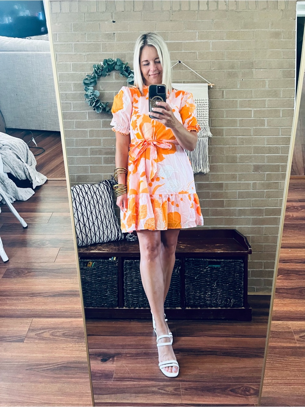 Sugarlips Pink Dress with Bold Orange Floral Print and Tie Neck